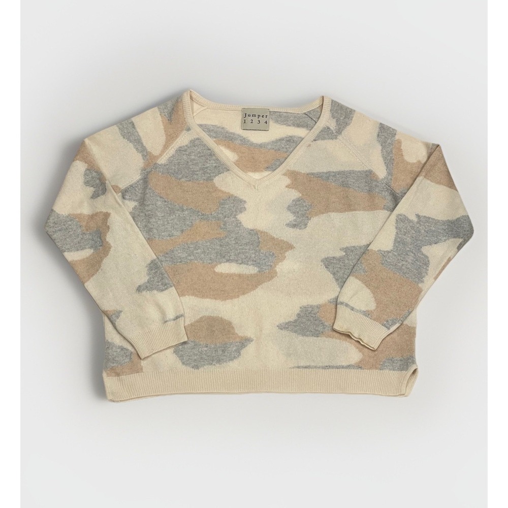 Jumper 1234 Camo Cashmere Sweater V Neck Beige Gray White Women's Size L - Picture 1 of 11